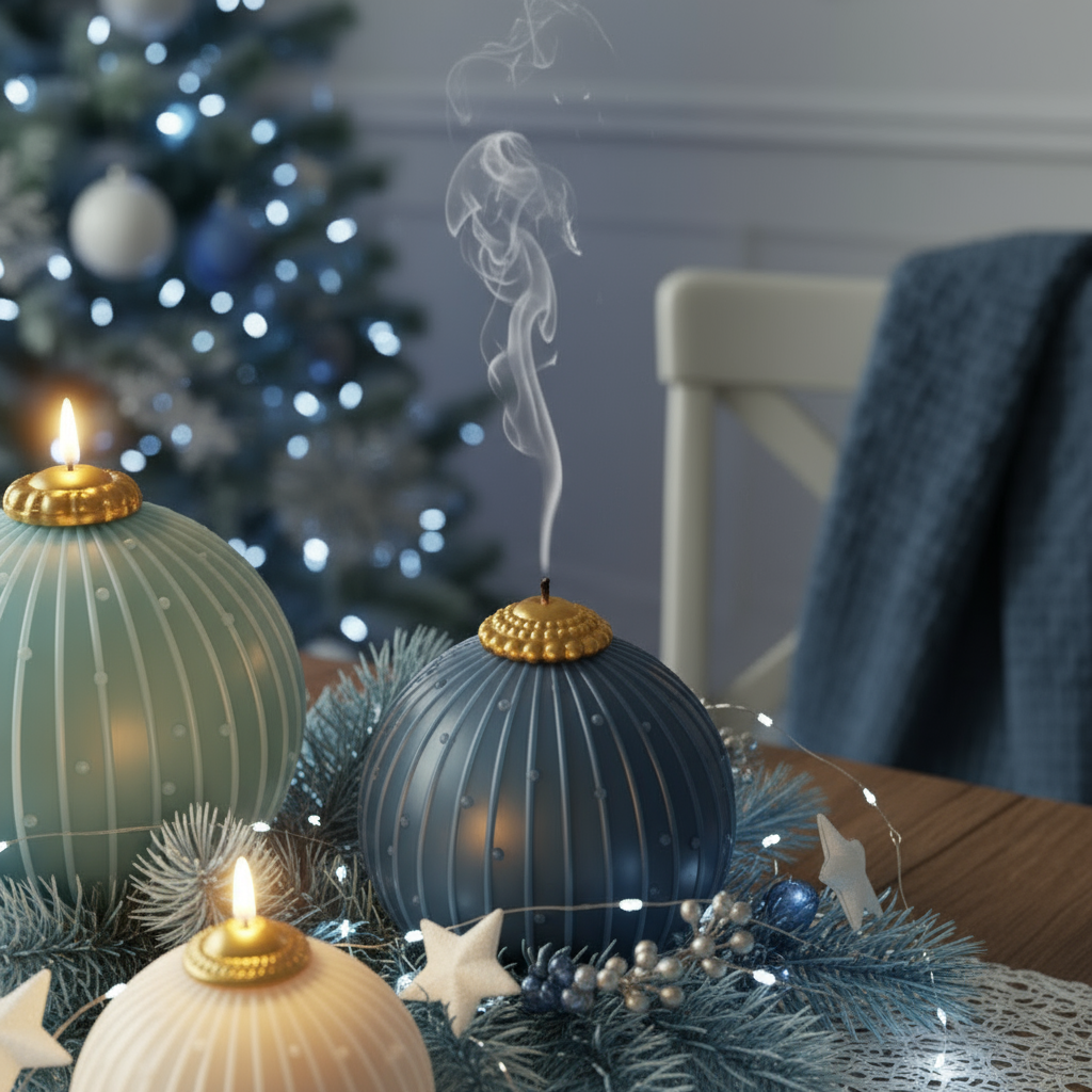 Smoke curls from a navy bauble candle beside two lit bauble candles on a frosted pine-and-star Christmas table centerpiece - Boowan Nicole