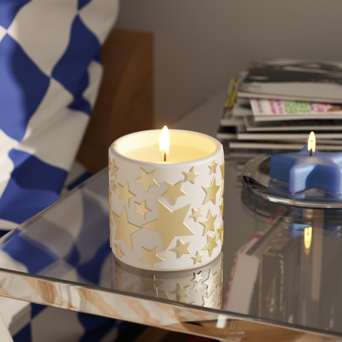 Handmade golden star candle jars, ideal for home decor, elegantly placed on a glass bedside table-Boowan Nicole