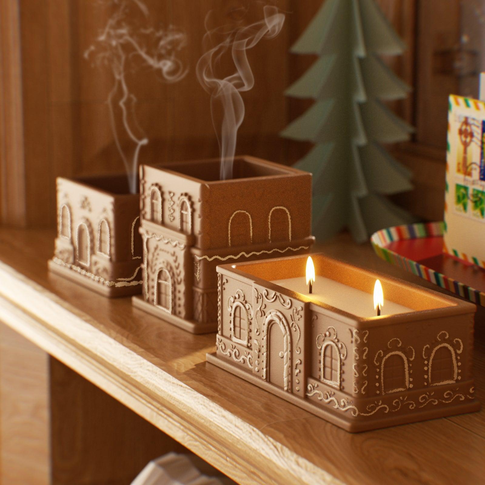 Lit and extinguished gingerbread house candles on a wooden shelf in a cozy Christmas setting - Boowan Nicole