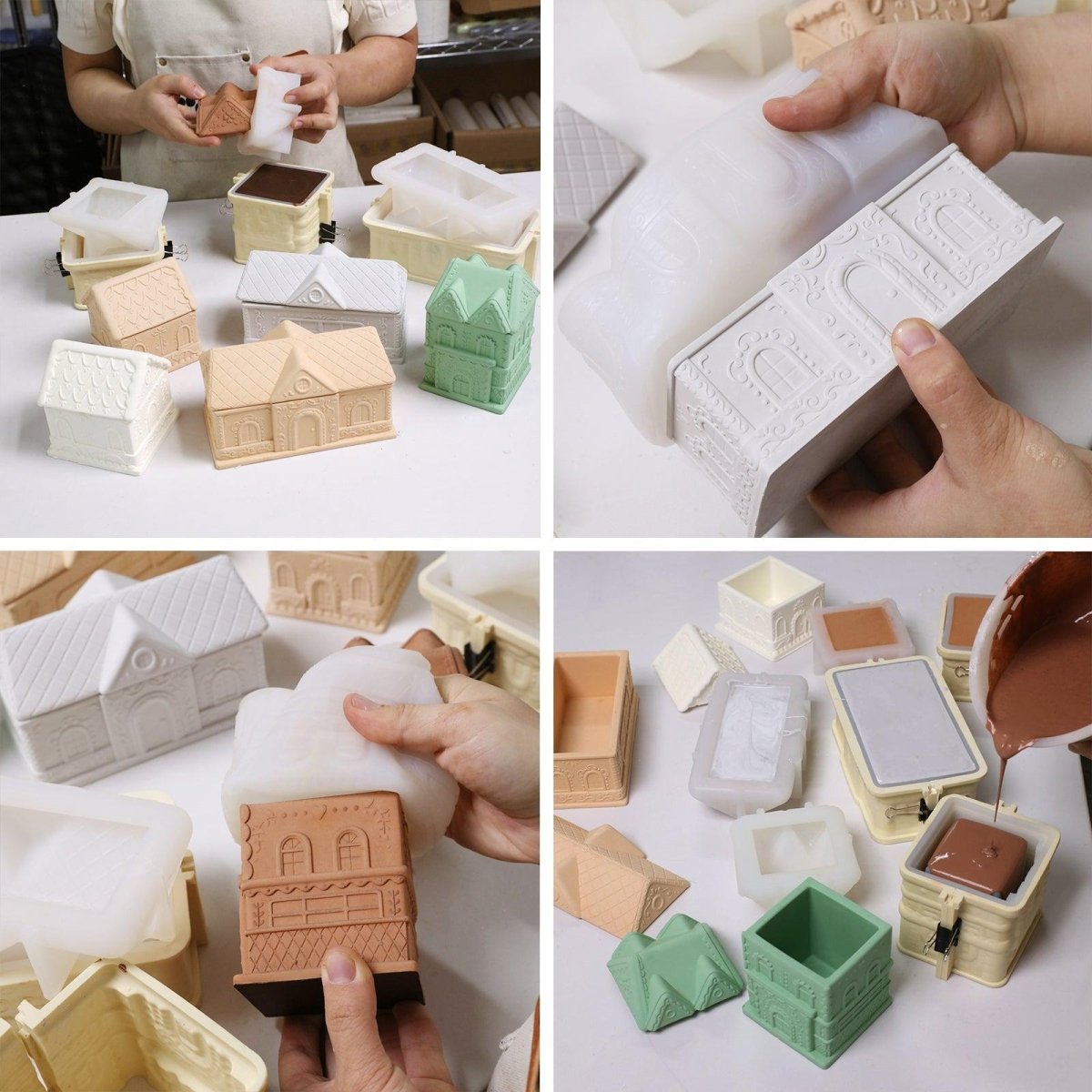 Silicone mold process for creating detailed gingerbread house candles jar – casting, unmolding, and finished pieces - Boowan Nicole