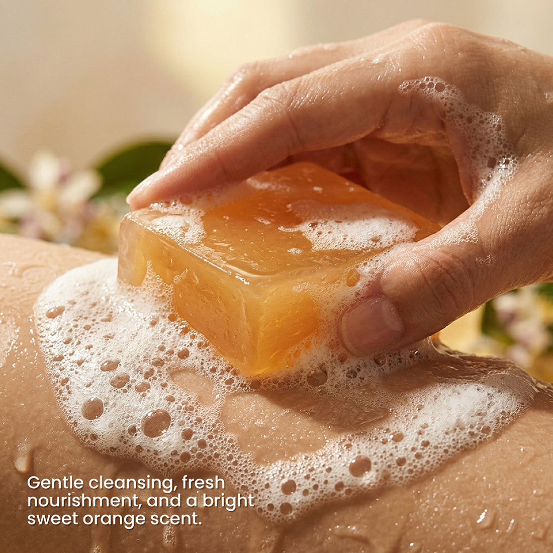 Lathering Sweet Orange Soap Bar on Skin - Boowan Nicole