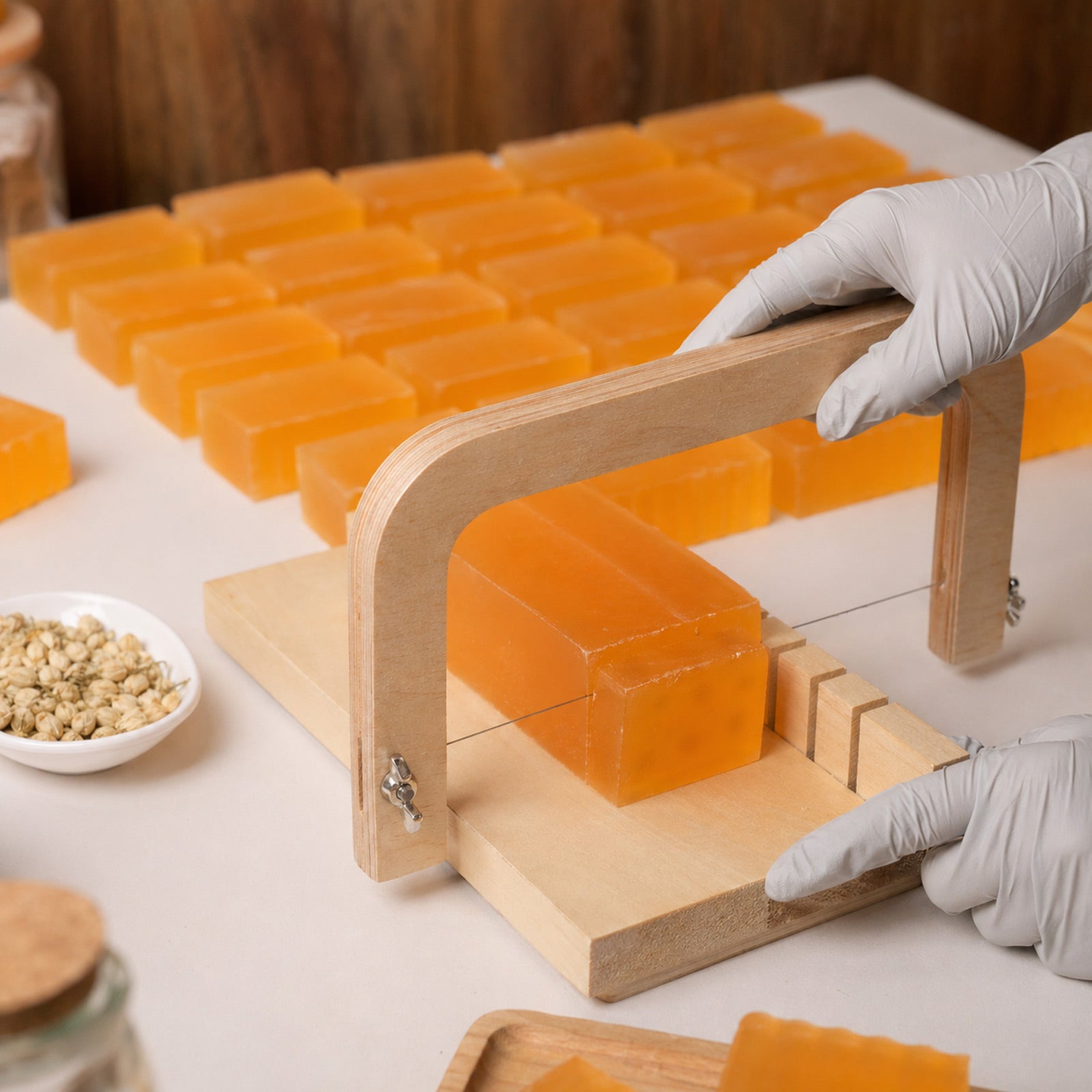 Slicing Orange Soap Bars with Wooden Cutter - Boowan Nicole