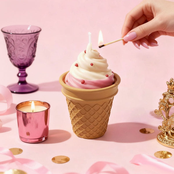 Hand lighting Sweet Swirl Sundae ice cream cone candle with pink-and-cream swirl and sprinkles on a pink party table - Boowan Nicole