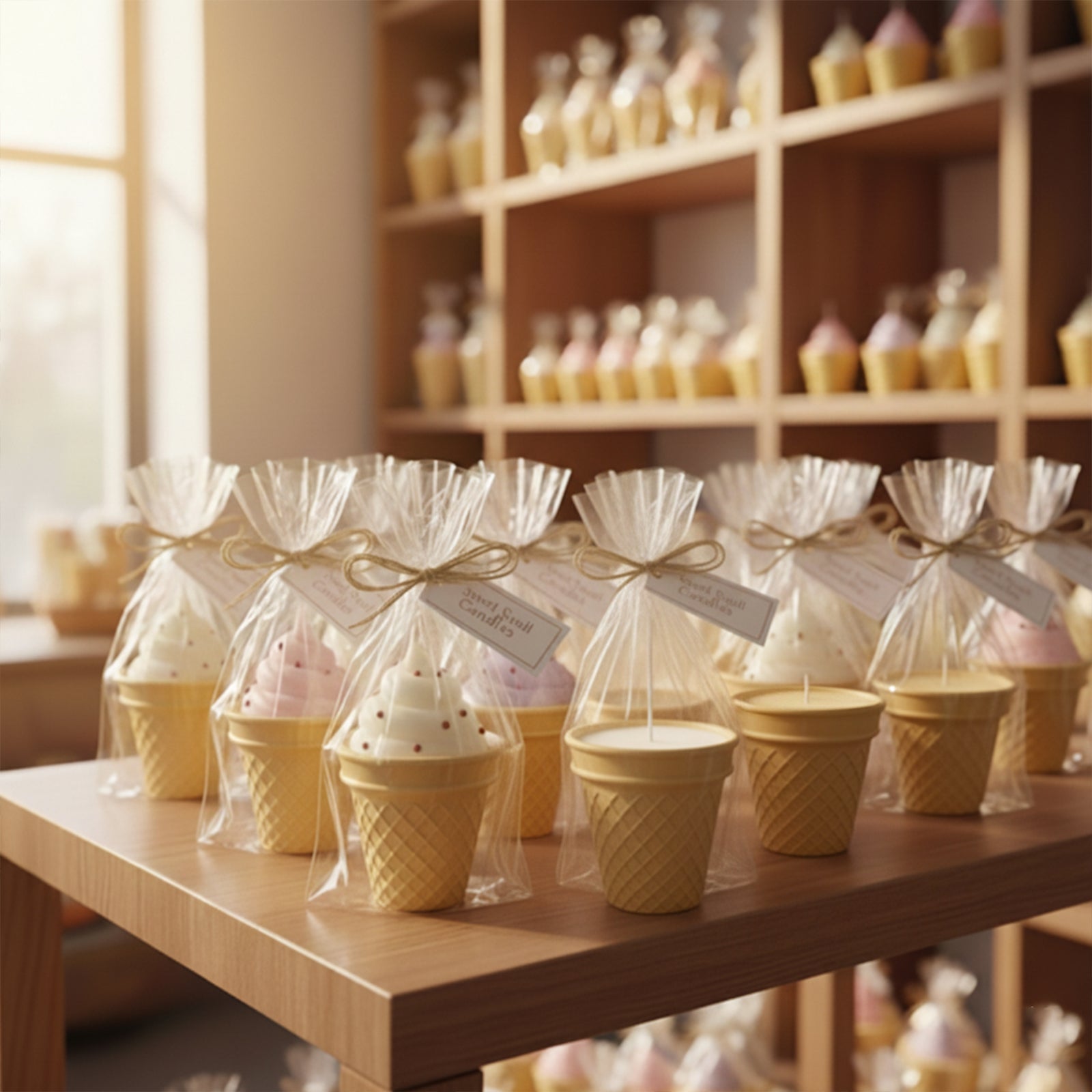 Gift-wrapped Sweet Swirl Sundae ice cream cone candles in clear bags with tags, displayed on a wooden shop shelf in warm sunlight - Boowan Nicole