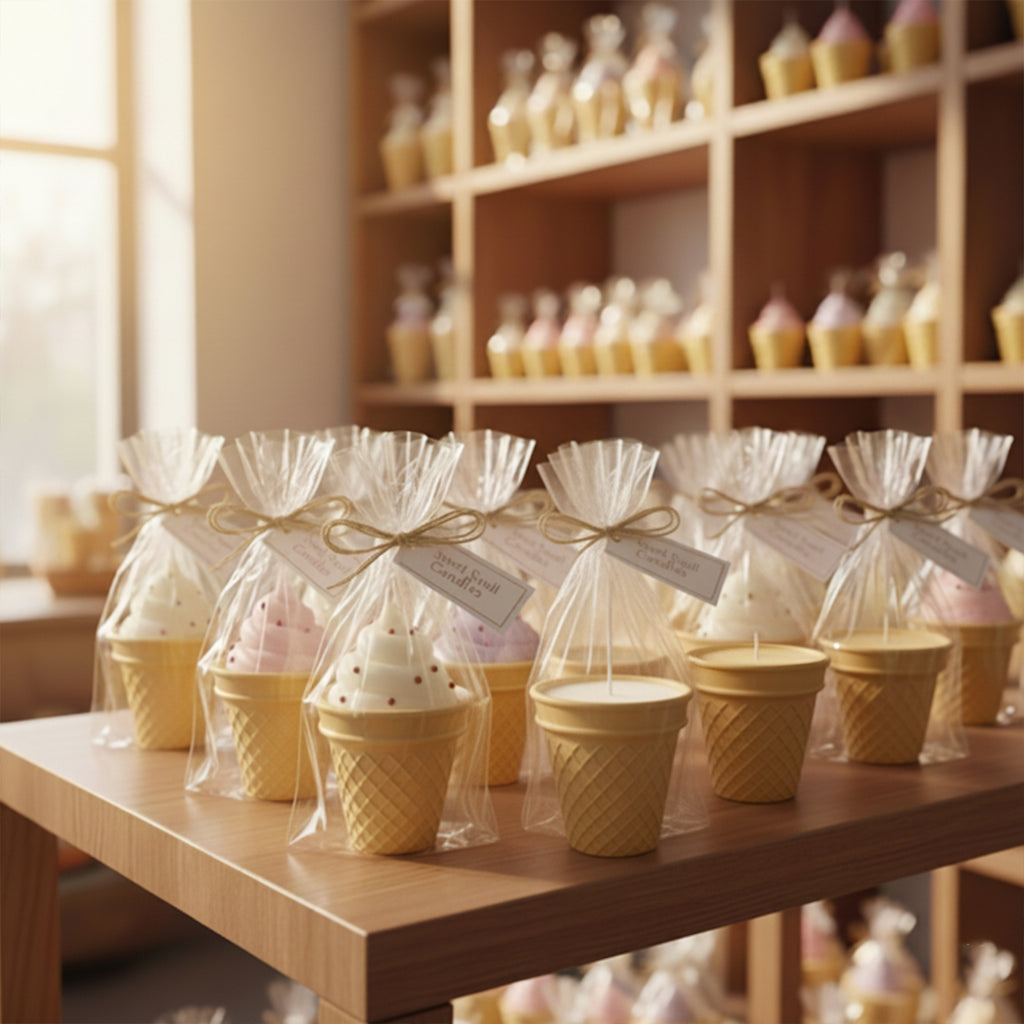 Gift-wrapped Sweet Swirl Sundae ice cream cone candles in clear bags with tags, displayed on a wooden shop shelf in warm sunlight - Boowan Nicole