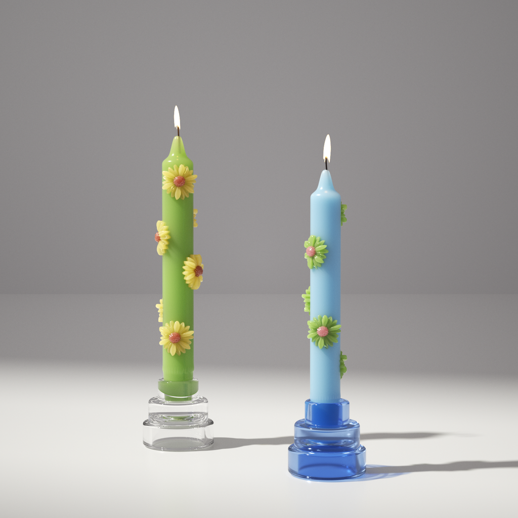 Vibrant daisy-adorned taper candles in blue and green, perfect for brightening up any space-Boowan Nicole