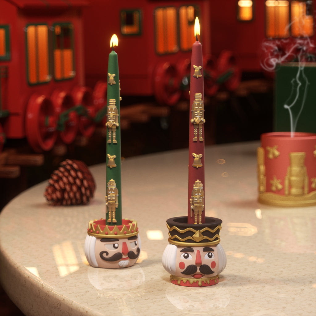 Handcrafted Nutcracker taper candles paired with hand-painted candle holders make Christmas more colorful and fun