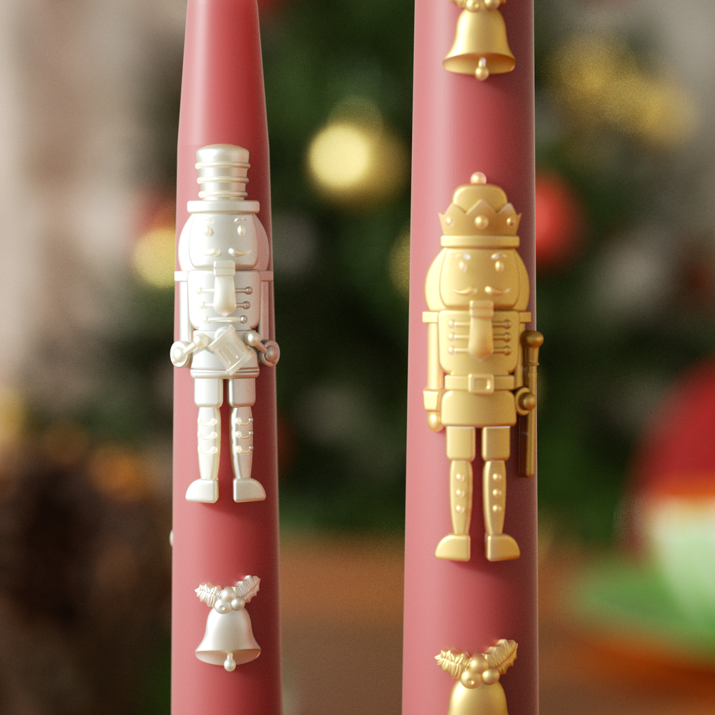 The hand-painted gold Nutcracker candle details are more prominent and refined