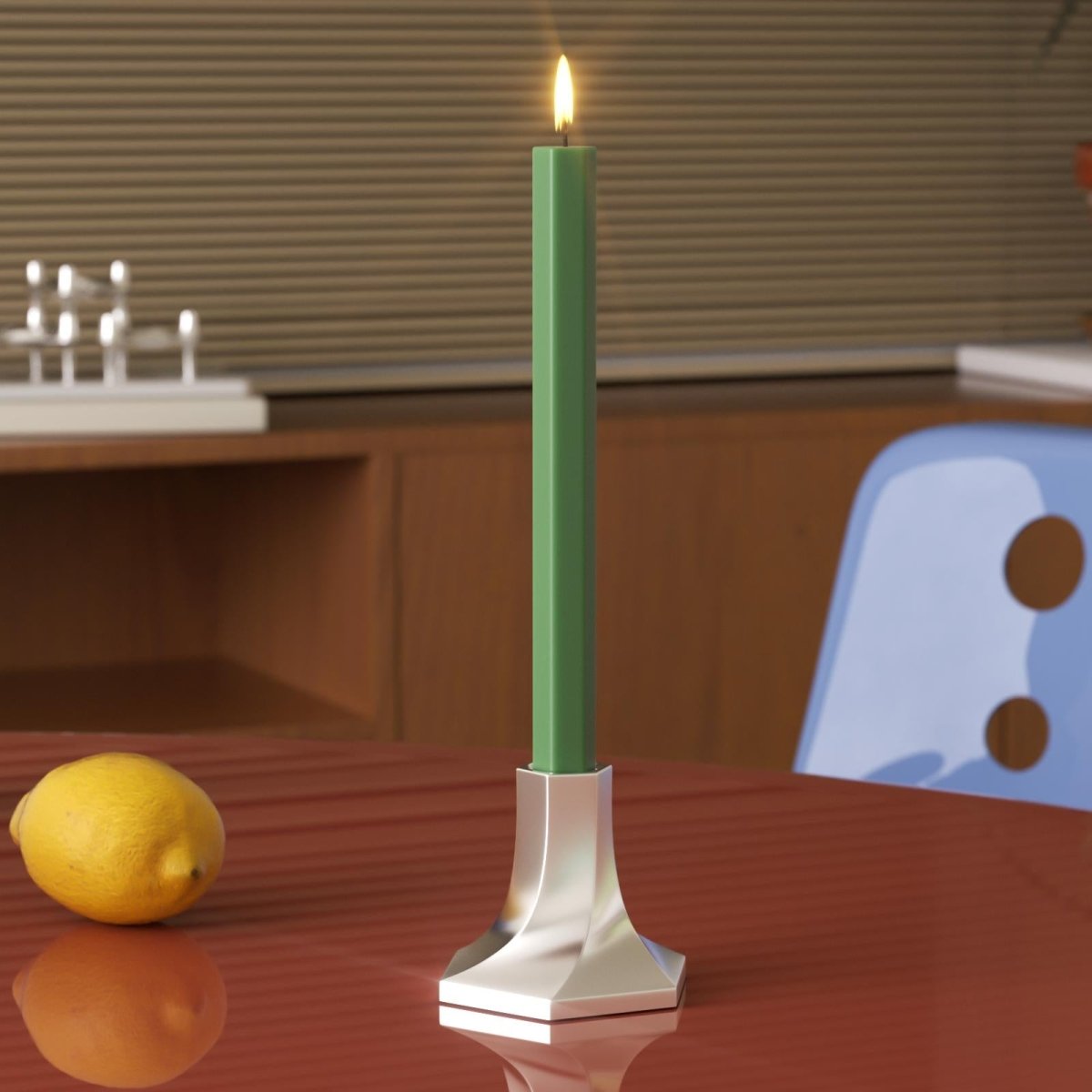 Green hexagonal rod candle paired with a silver candle holder adds a pop of color-Boowan Nicole