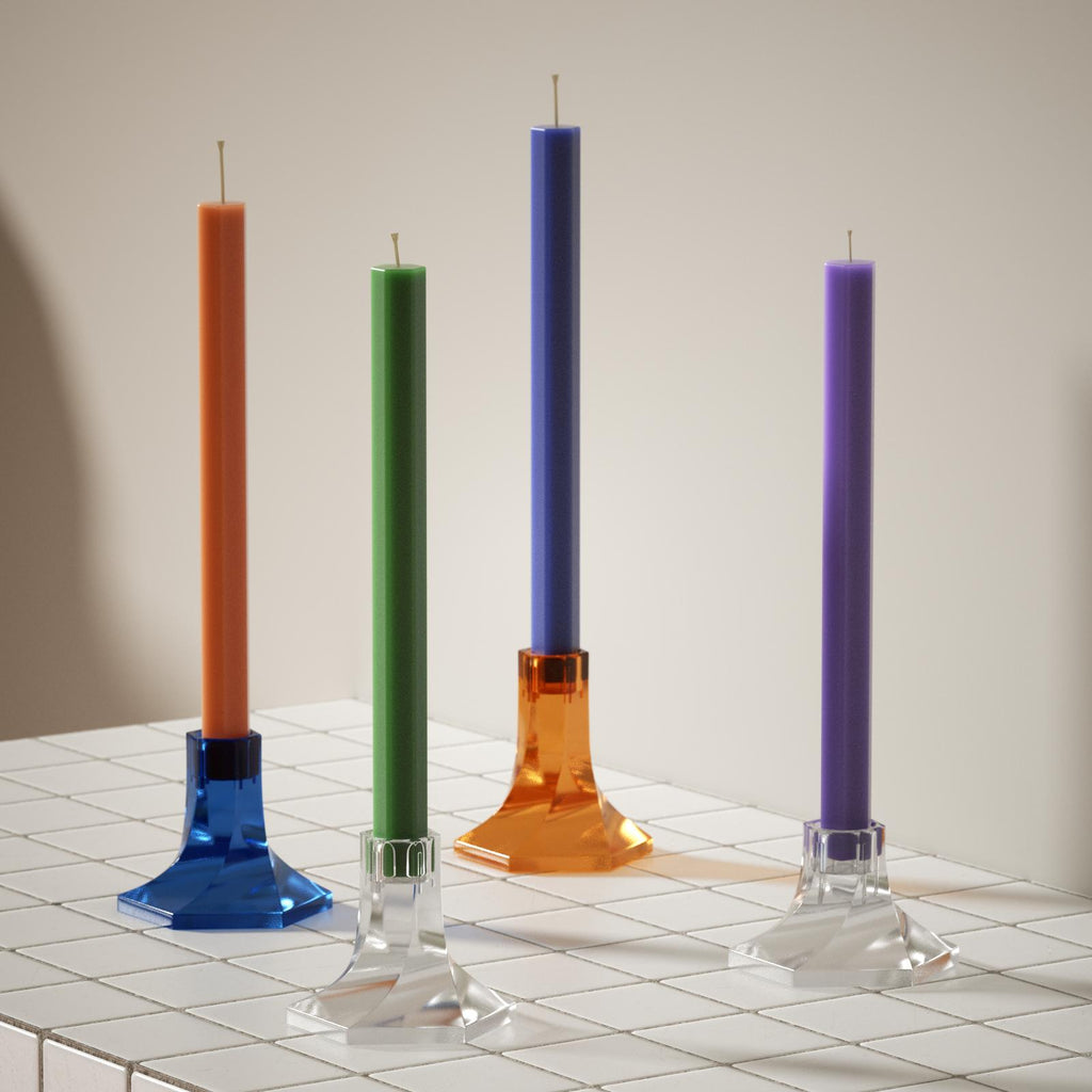Colorful taper candles with stylish geometric glass holders, perfect for adding a modern touch to your home decor-Boowan Nicole