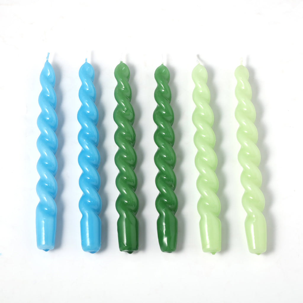 Six smooth tapered spiral candles in blue, green and teal colors - Boowan Nicole