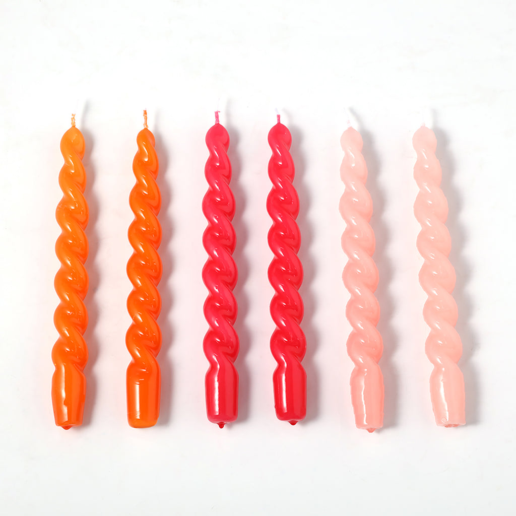 Six tapered spiral candles in orange, red and pink-Boowan Nicole