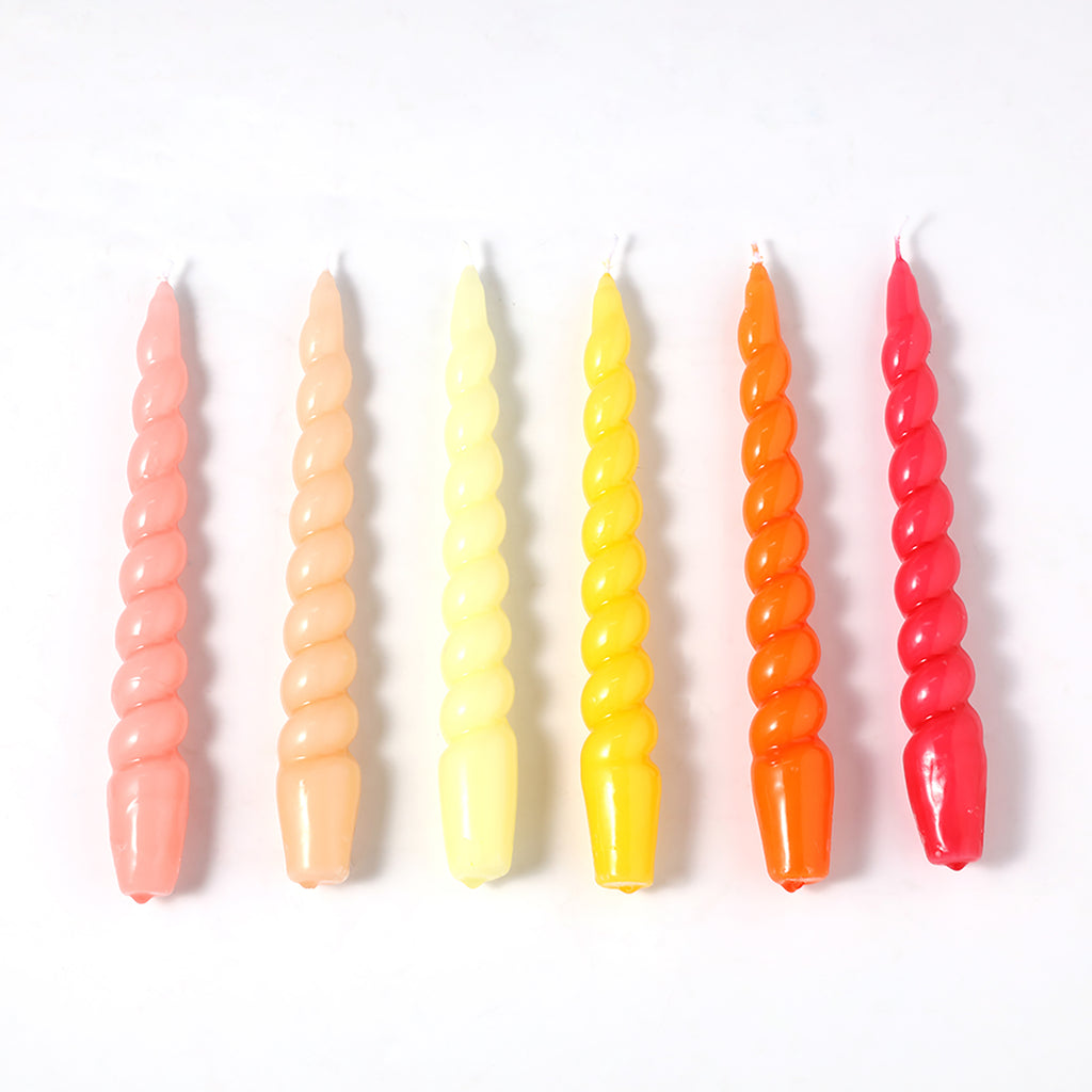 Six tapered spiral candles with gradient colors of pink, yellow and red-Boowan Nicole