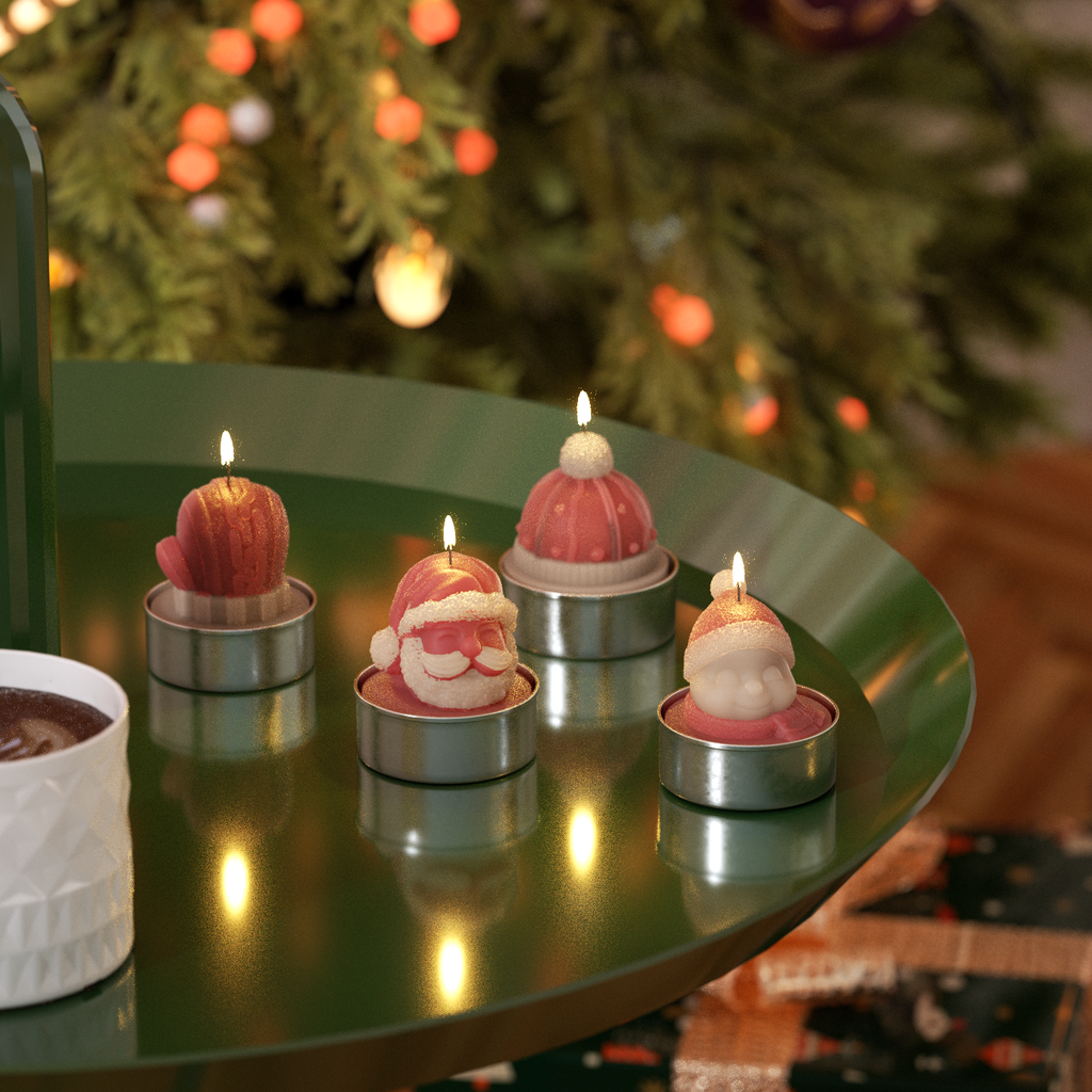 Christmas-themed tealight candles featuring Santa and festive designs, perfect for cozy holiday decor - Boowan Nicole