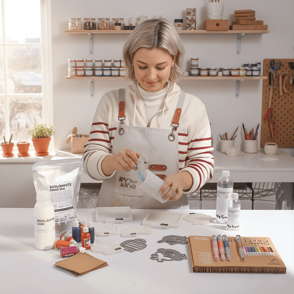 Maker mixing Boowanite casting liquid at a bright craft table with silicone molds, pigments and DIY coaster tools - Boowan Nicole