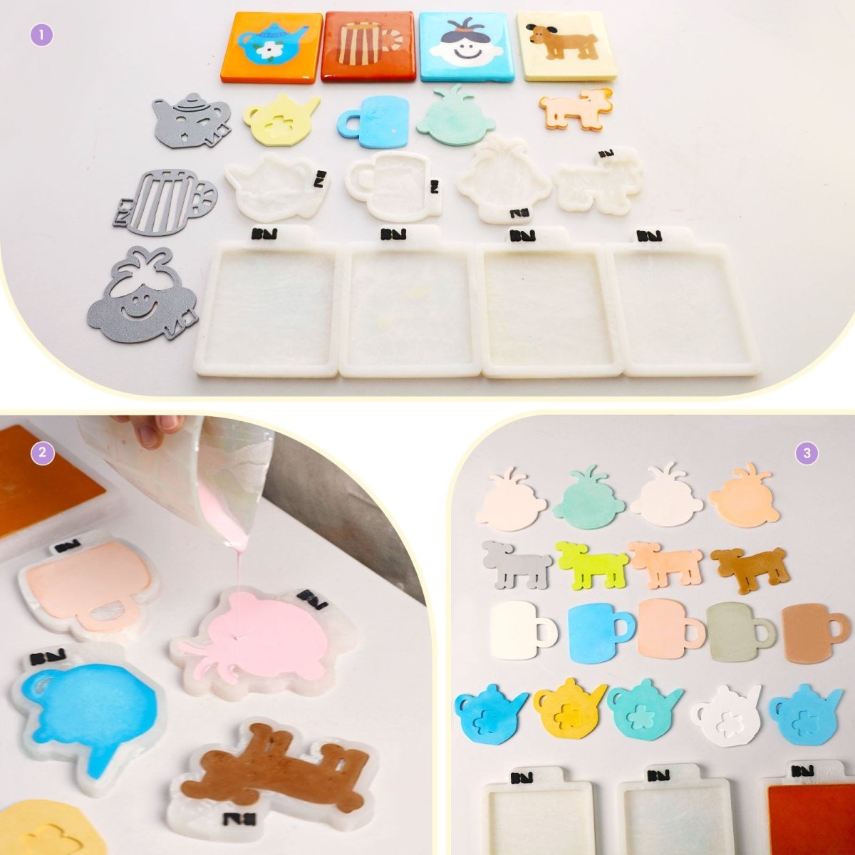 Collage of pastel casting mix poured into mug, teapot, dog and face molds to make coasters - Boowan Nicole