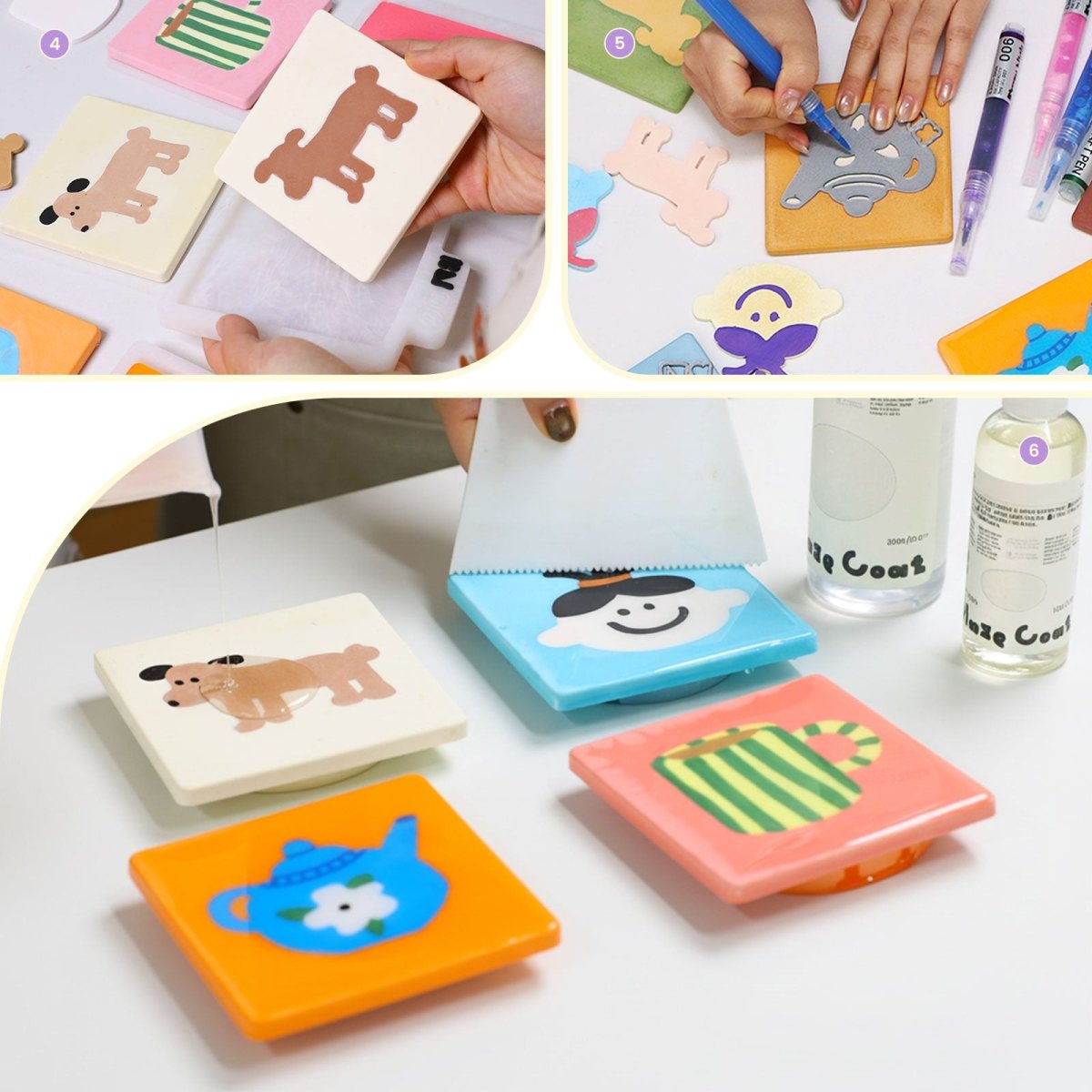 Collage showing illustrated dog, face, mug and teapot coasters being assembled and sealed with clear coat - Boowan Nicole