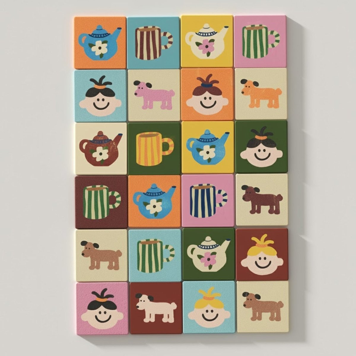 Grid of colorful illustrated coasters with mugs, teapots, dogs and smiling faces arranged as wall art - Boowan Nicole