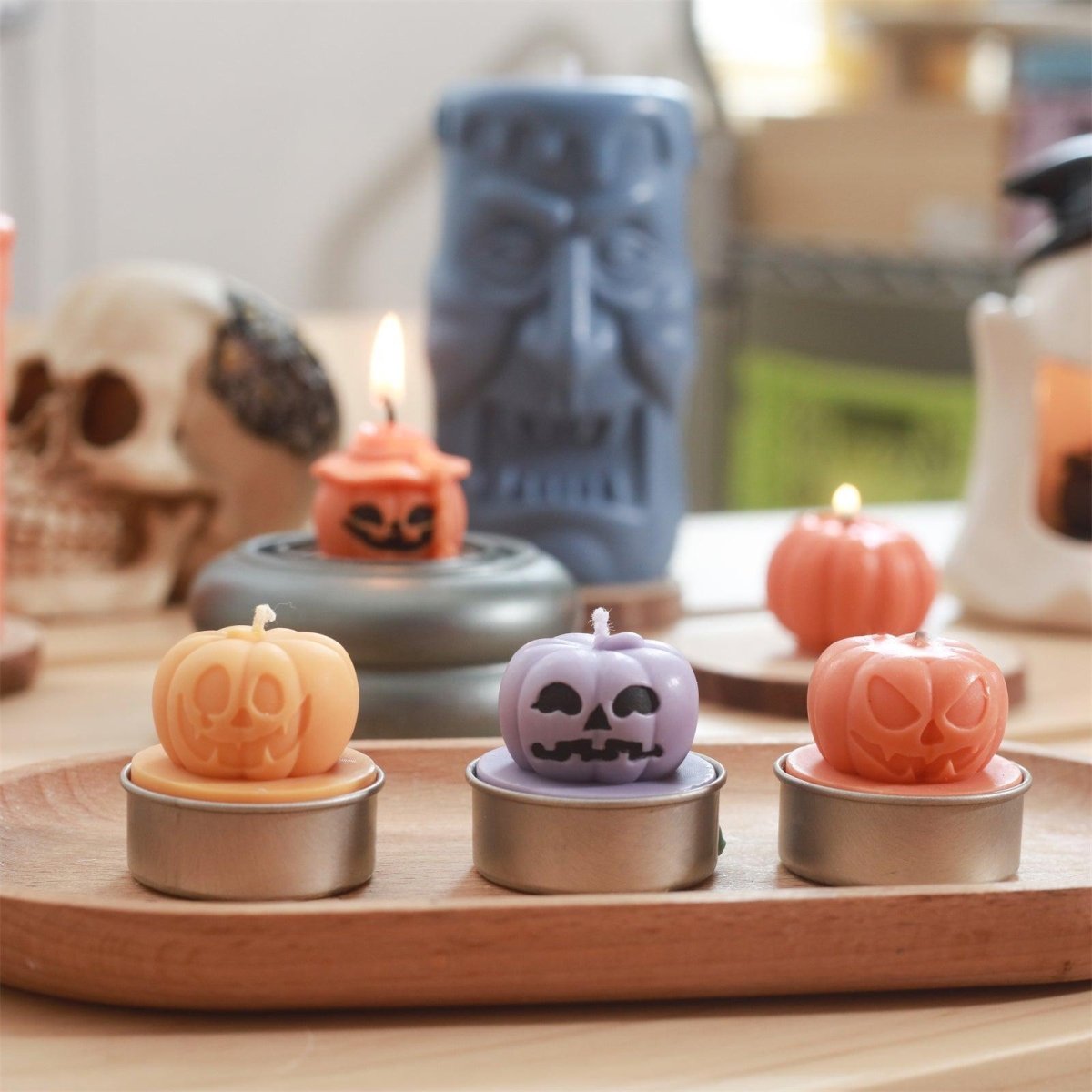 Ghostly Grin - Spooky Smile Pumpkin Tealight Candle Silicone Mold Collection for Halloween3D Candle MoldLZ0727+(A0305*5)