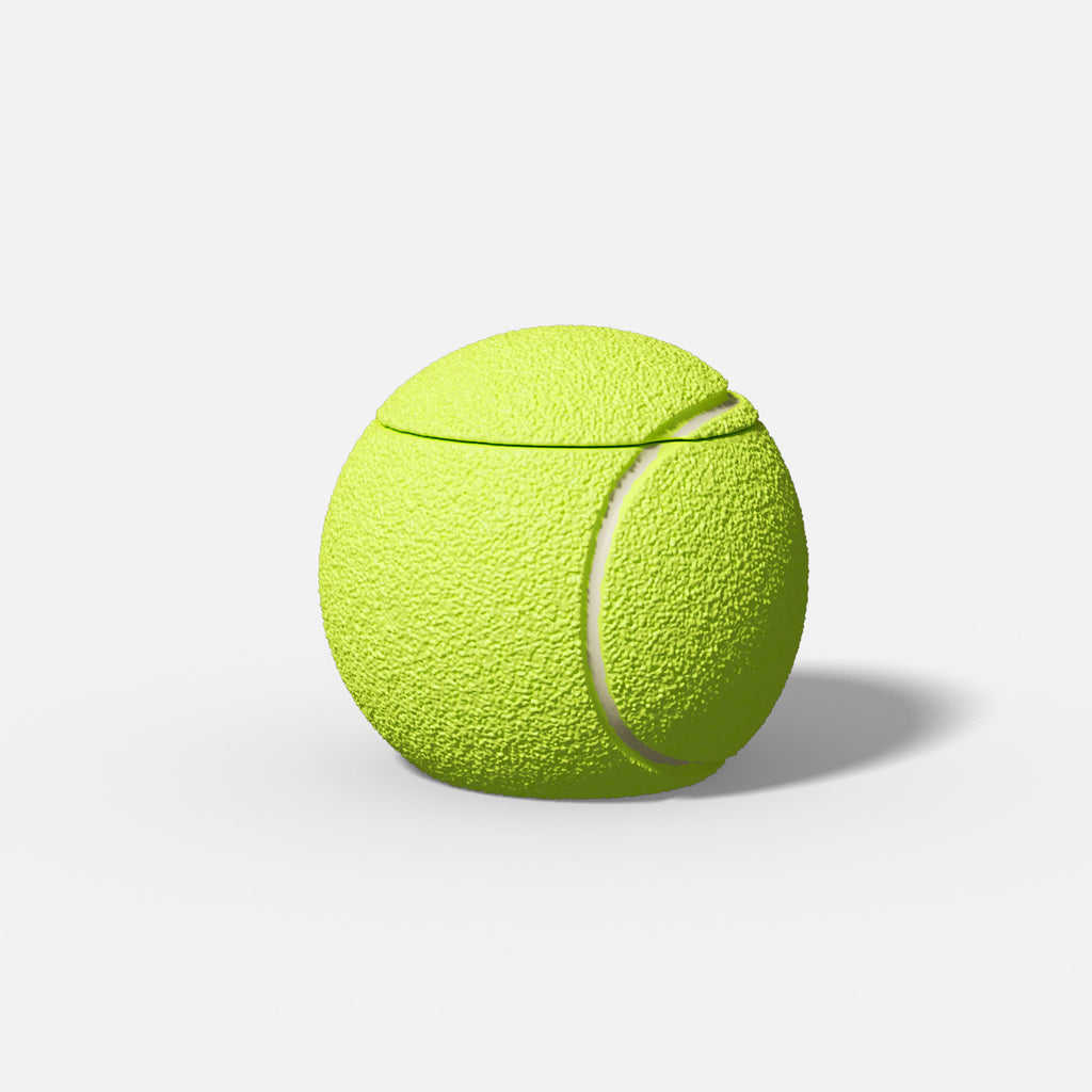 Neon-yellow tennis ball–shaped candle jar with lid, realistic pebble texture and curved white seam - Boowan Nicole