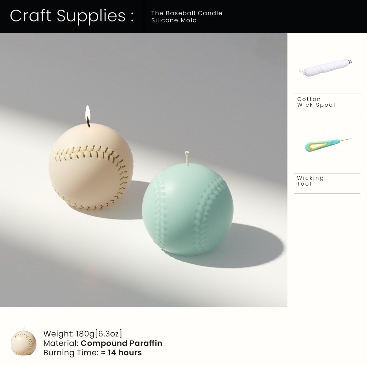 Two baseball-shaped candles on a gray background with craft supplies listed on the right.
