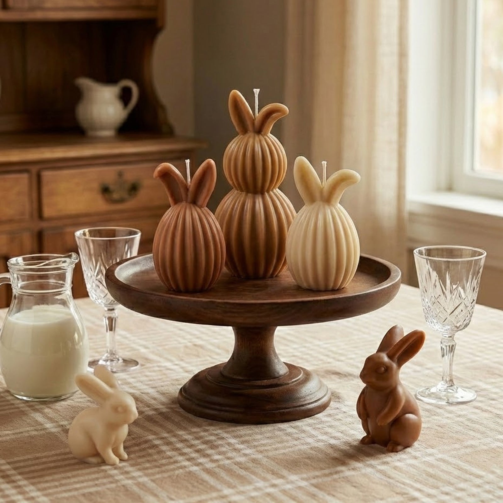 A collection of ribbed and realistic bunny candles in earthy tones on a wooden stand and checkered tablecloth - Boowan Nicole