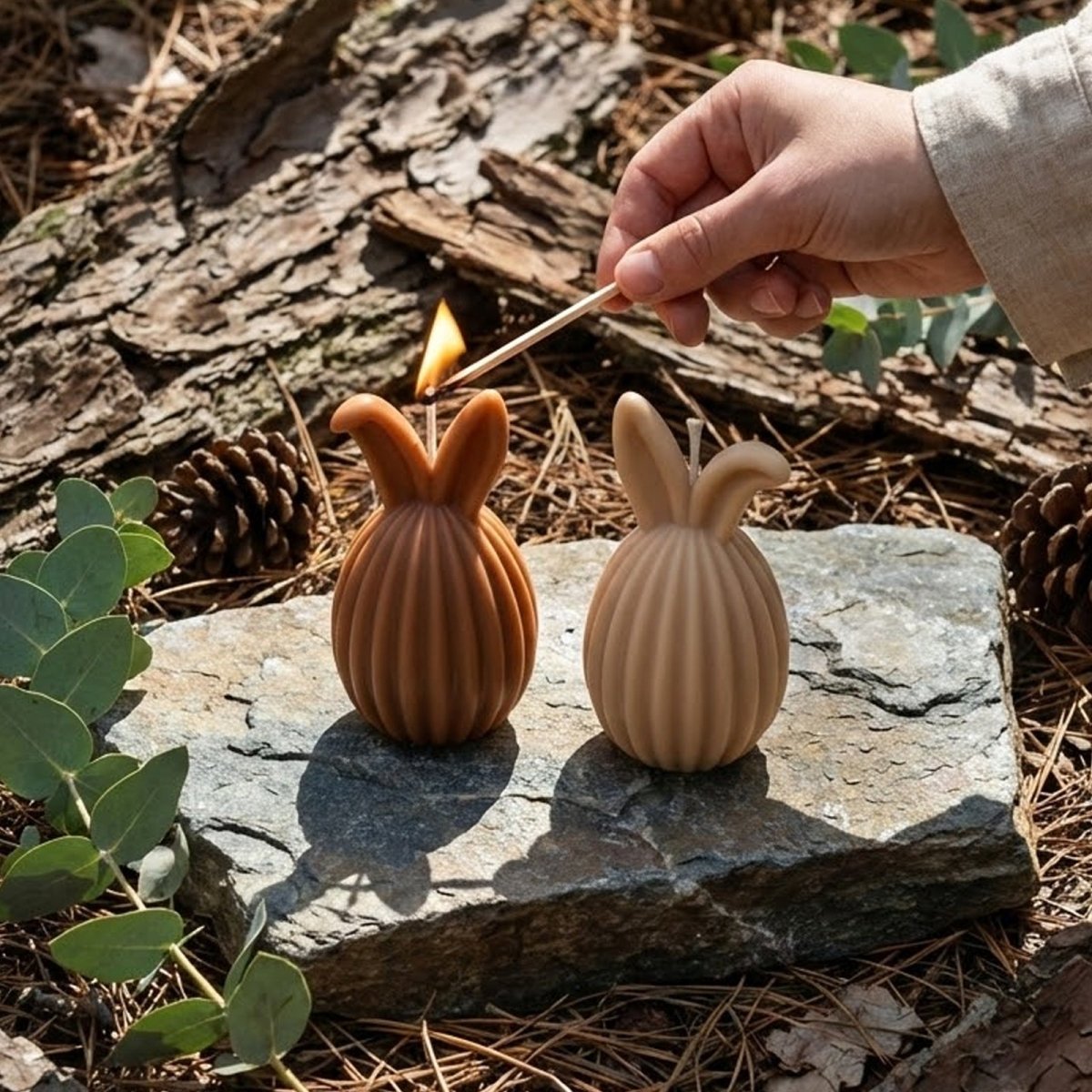 A hand lighting a brown ribbed bunny candle with a match on a stone in a natural forest setting - Boowan Nicole