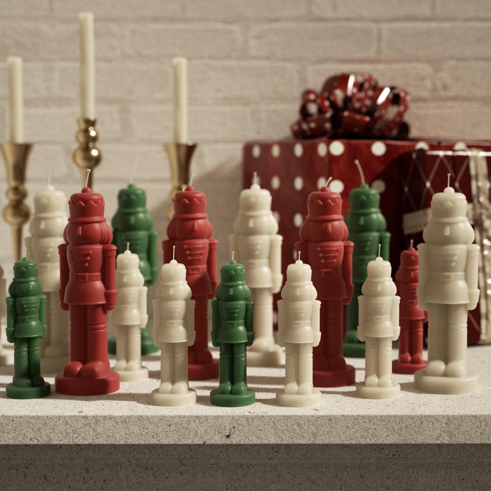 Red, green, and white nutcracker candles in multiple sizes—festive handcrafted decor perfect for Christmas displays or gifting - Boowan Nicole