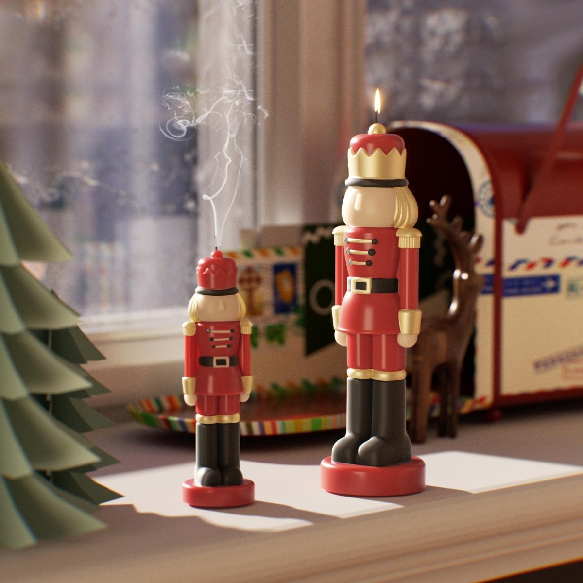 Lit and extinguished nutcracker candles on a festive windowsill—perfect for cozy holiday decor - Boowan Nicole