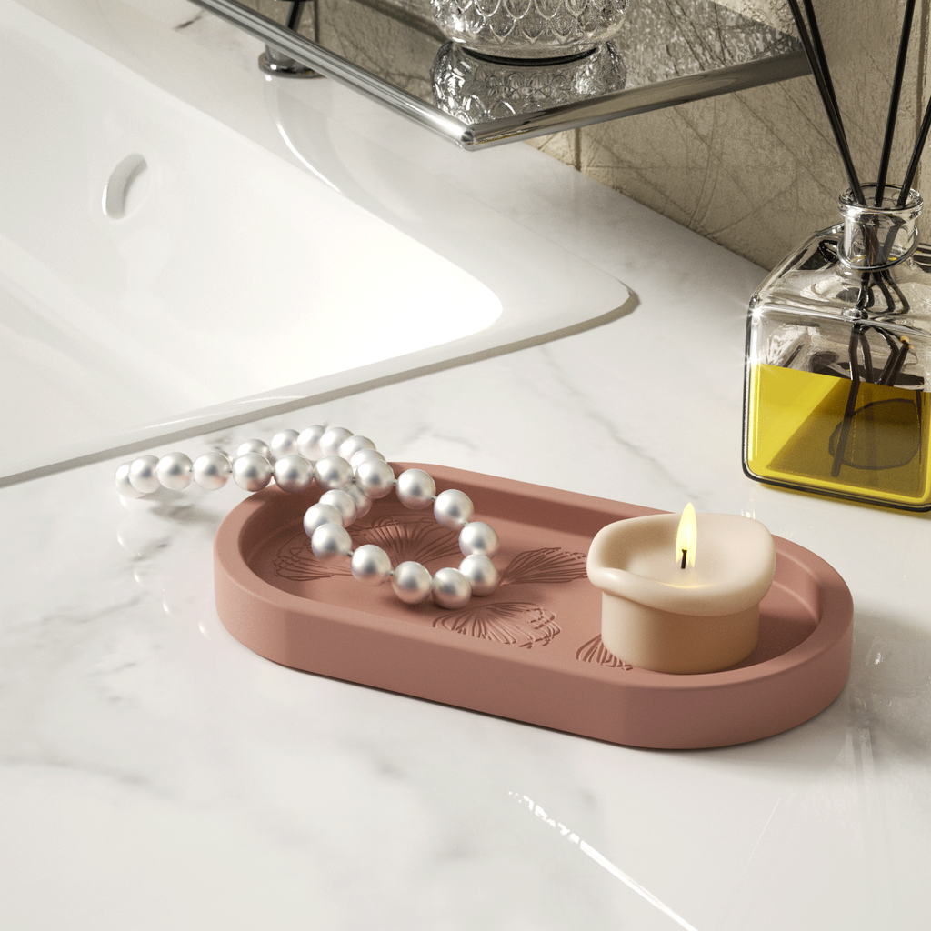 Lit candles on a decorative tray bring a touch of cleanliness and warmth to your bathroom ambiance-Boowan Nicole