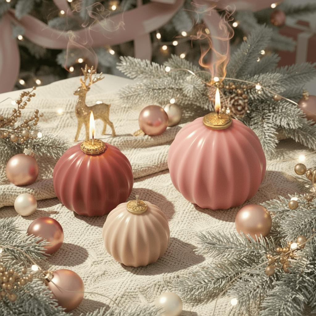Lit pink fluted bauble candles with gold caps on a knit runner, surrounded by frosted greenery and ornaments—cozy holiday ambiance - Boowan Nicole