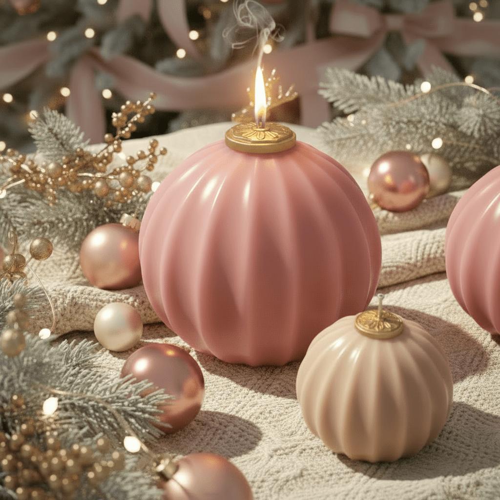 Lit pink fluted bauble candles (large & small) with gold caps on a knit runner, surrounded by frosted greenery and ornaments - Boowan Nicole