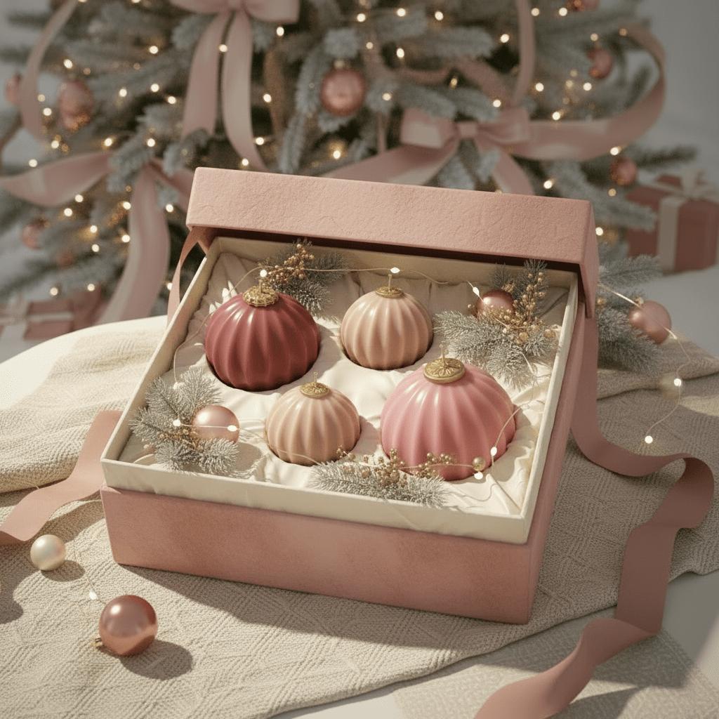 Gift box with four pink fluted bauble candles (gold caps) nestled with frosted greenery and ornaments, Christmas tree in background - Boowan Nicole