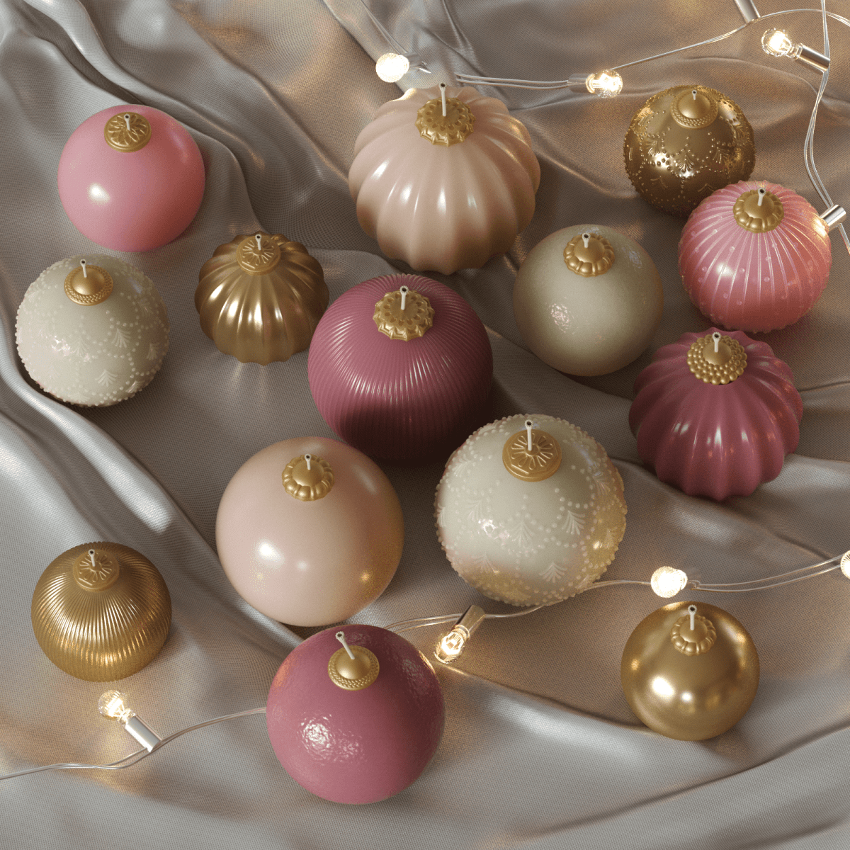 Assorted pink, ivory, and gold bauble candles—fluted, ribbed, and embossed—styled on satin with string lights for festive décor - Boowan Nicole