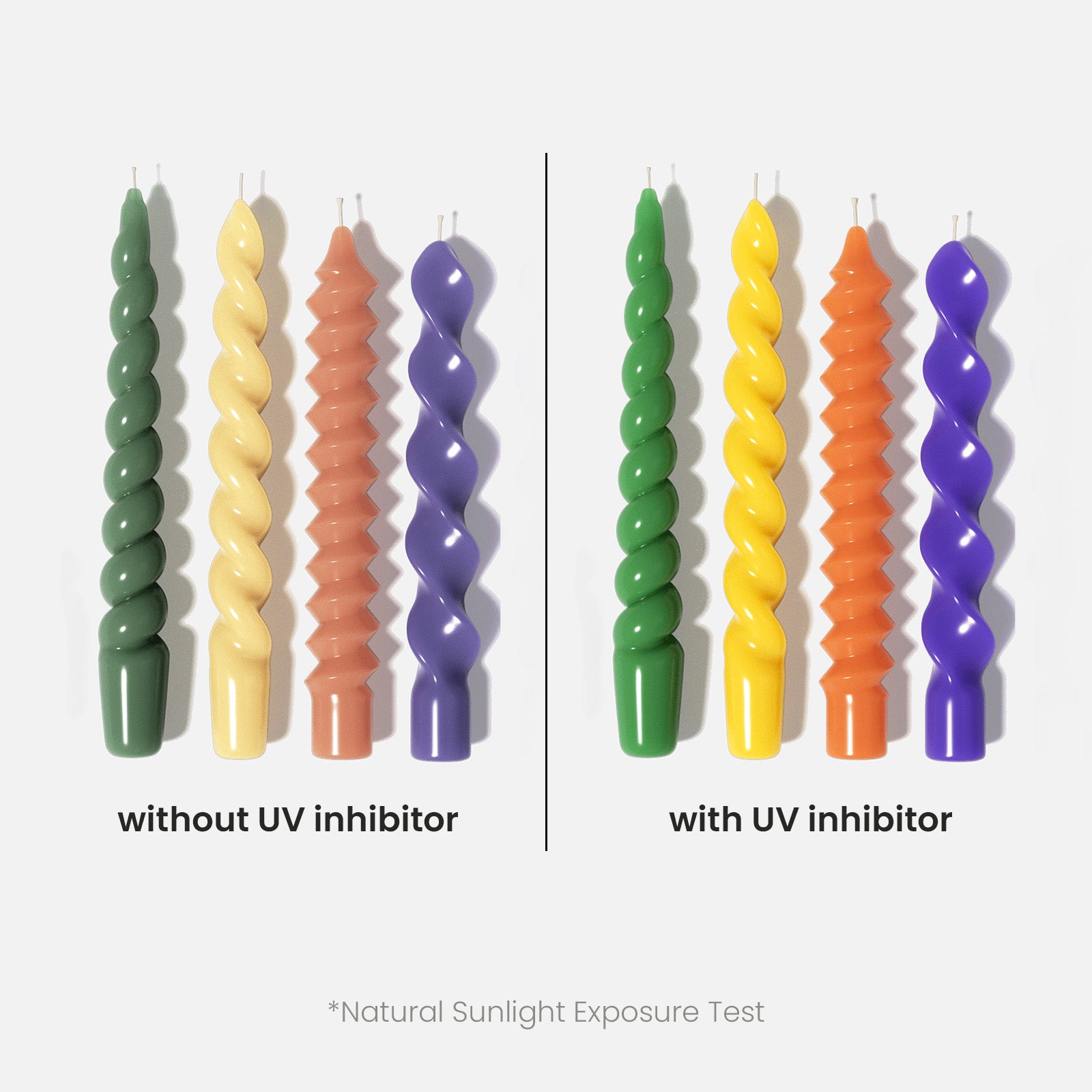UV inhibitor color protection comparison on twisted candles — with and without UV inhibitor after natural sunlight exposure - Boowan Nicole