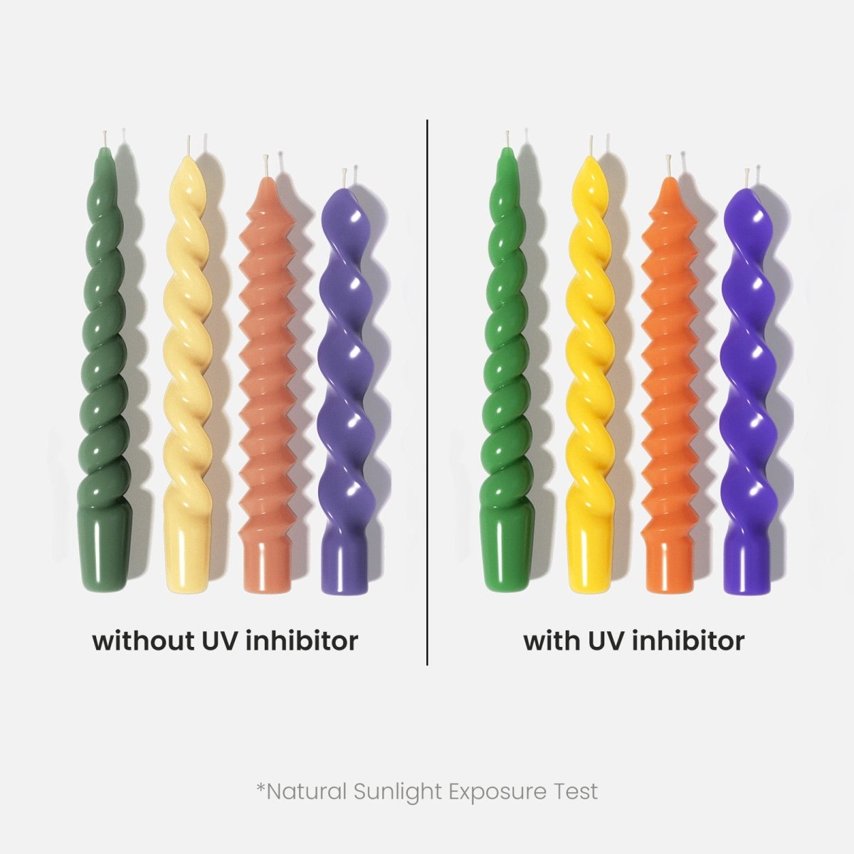 UV inhibitor color protection comparison on twisted candles — with and without UV inhibitor after natural sunlight exposure - Boowan Nicole