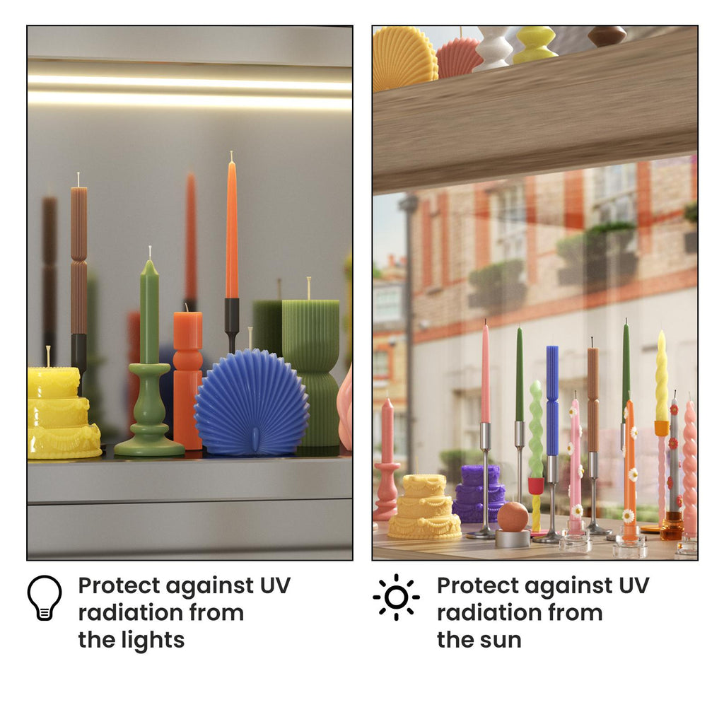 Colorful handmade candles displayed indoors and near a window, showing protection against UV radiation from lights and sunlight - Boowan Nicole