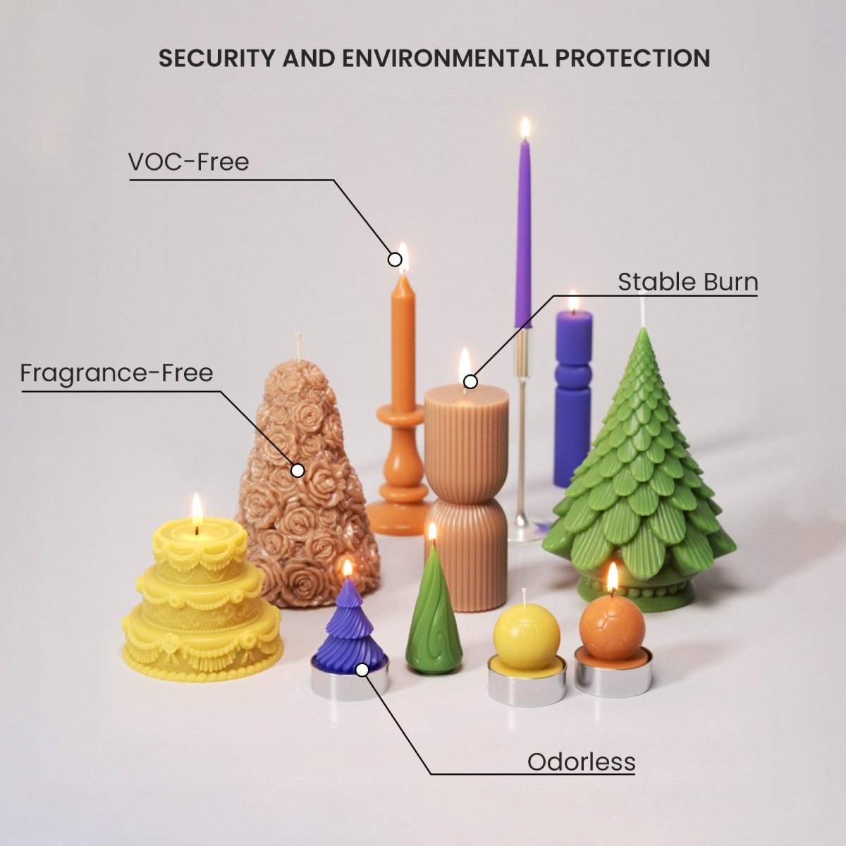 Labeled handmade candles highlighting VOC-free, fragrance-free, odorless, and stable burn features - Boowan Nicole