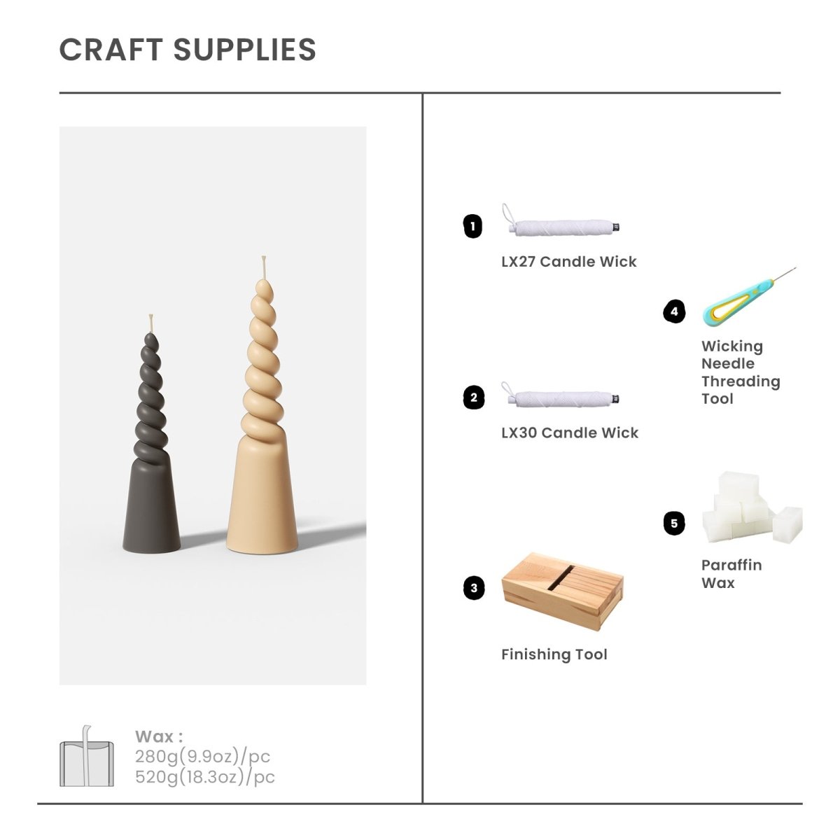 Craft Supplies - 27 Ply LX wick & 30 Ply LX wick & Finishing tool & Wicking Needle threading tool  & Paraffin Wax- Boowan Nicole