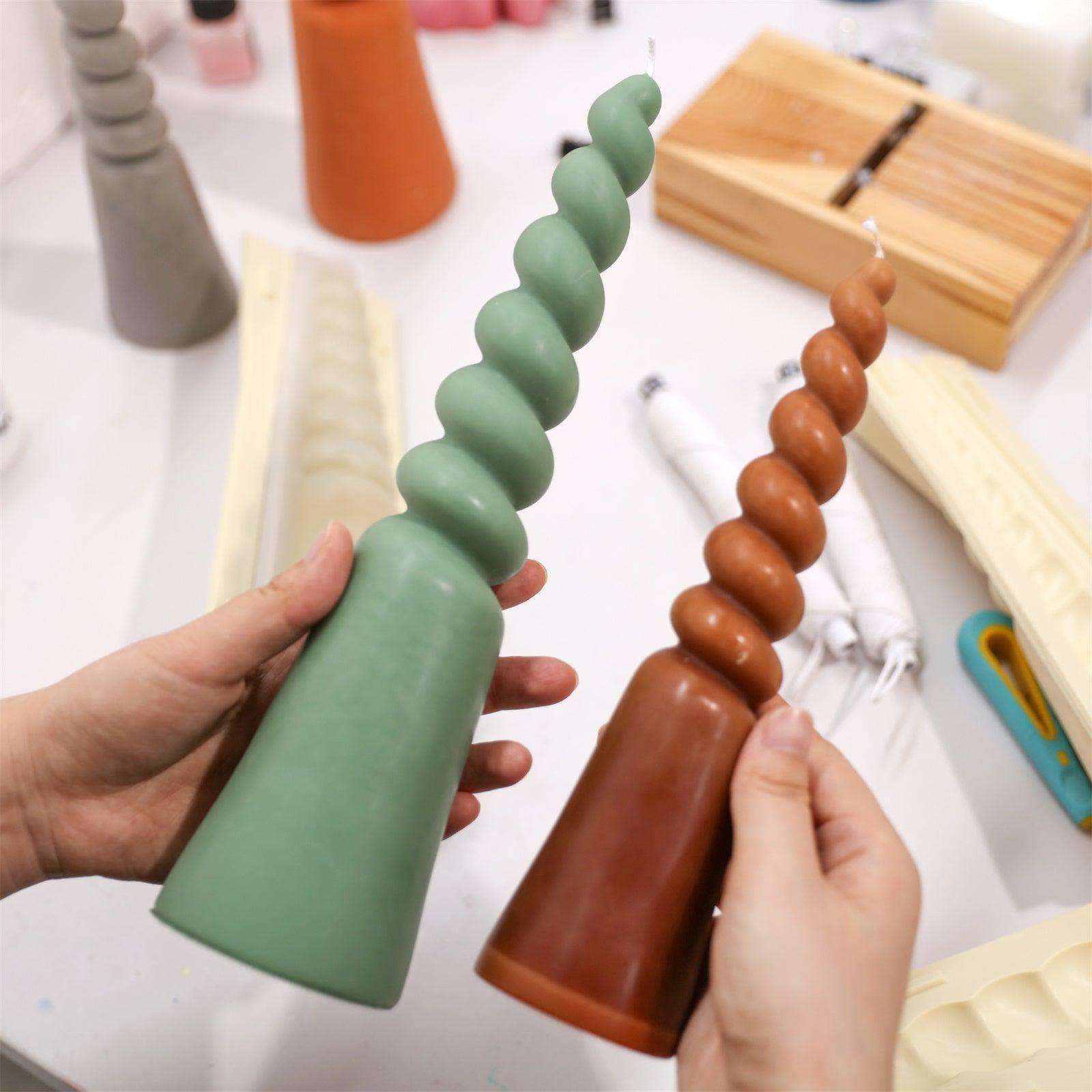 Small Brown and Large Green Twisted Pillar Candles Handmade with Paraffin Wax - Boowan Nicole