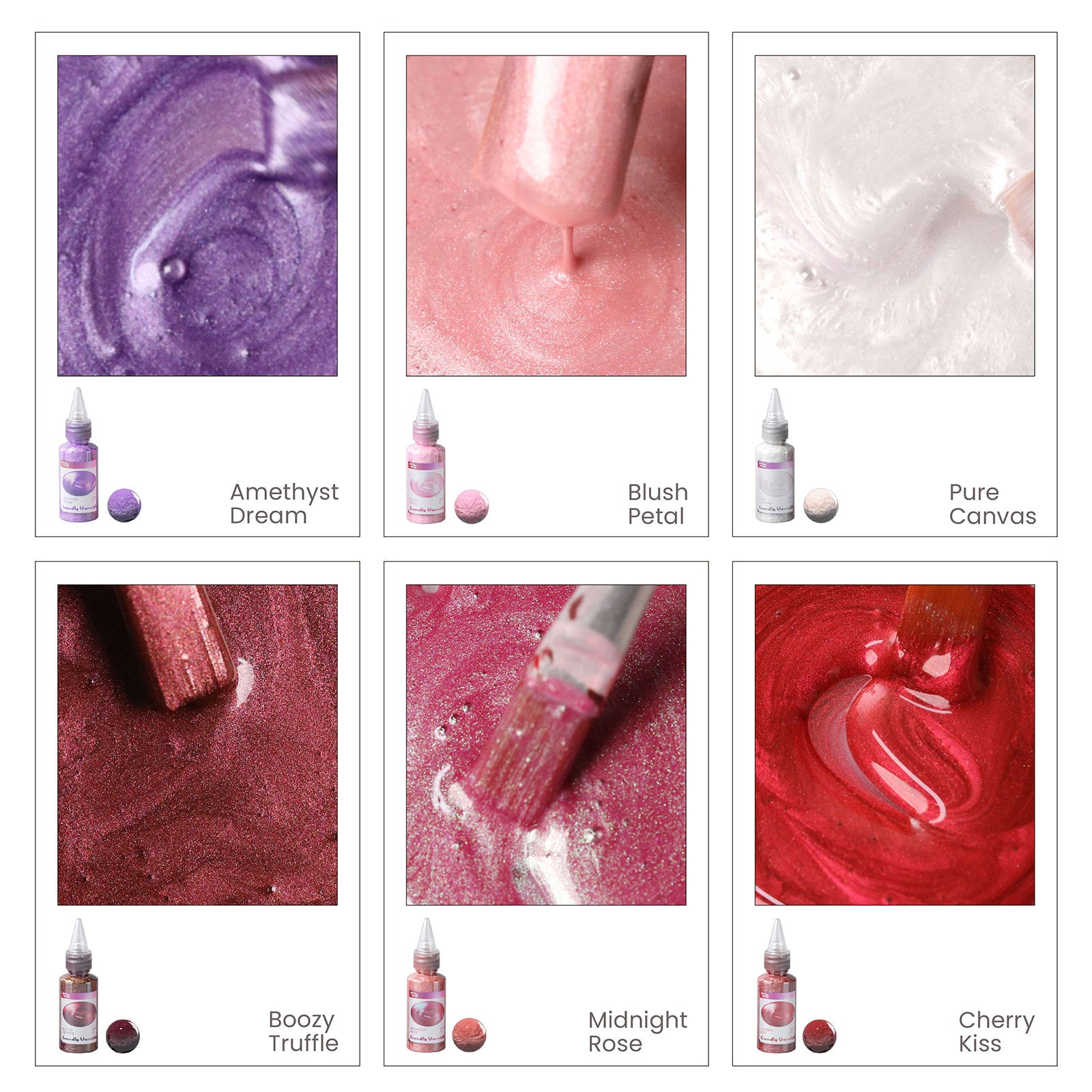 Shimmer candle varnish color range including Amethyst Dream, Blush Petal, Pure Canvas, Boozy Truffle, Midnight Rose, and Cherry Kiss - Boowan Nicole