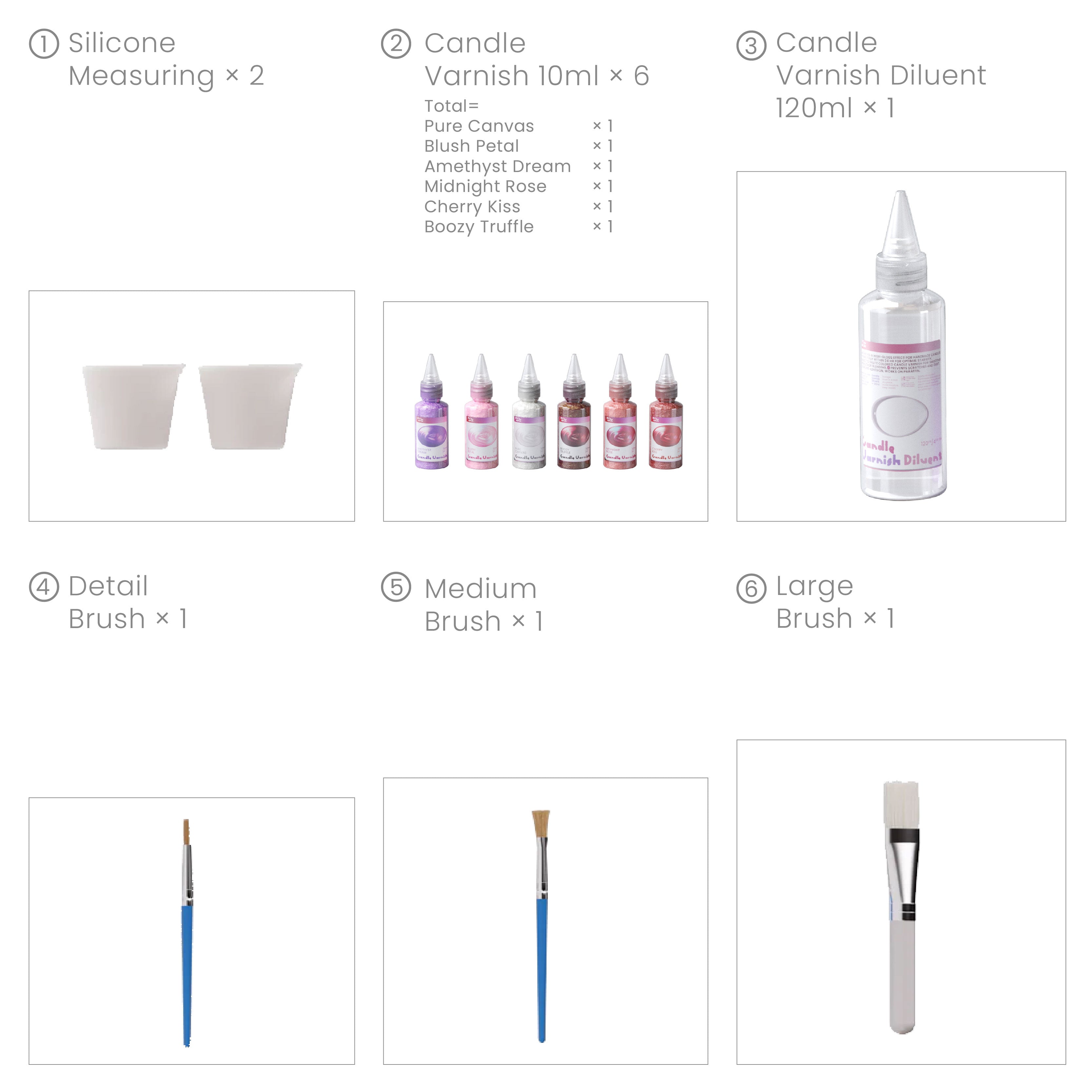 Candle painting kit contents: silicone measuring cups, 6 color varnishes, diluent, detail/medium/large paintbrushes for DIY crafts - Boowan Nicole