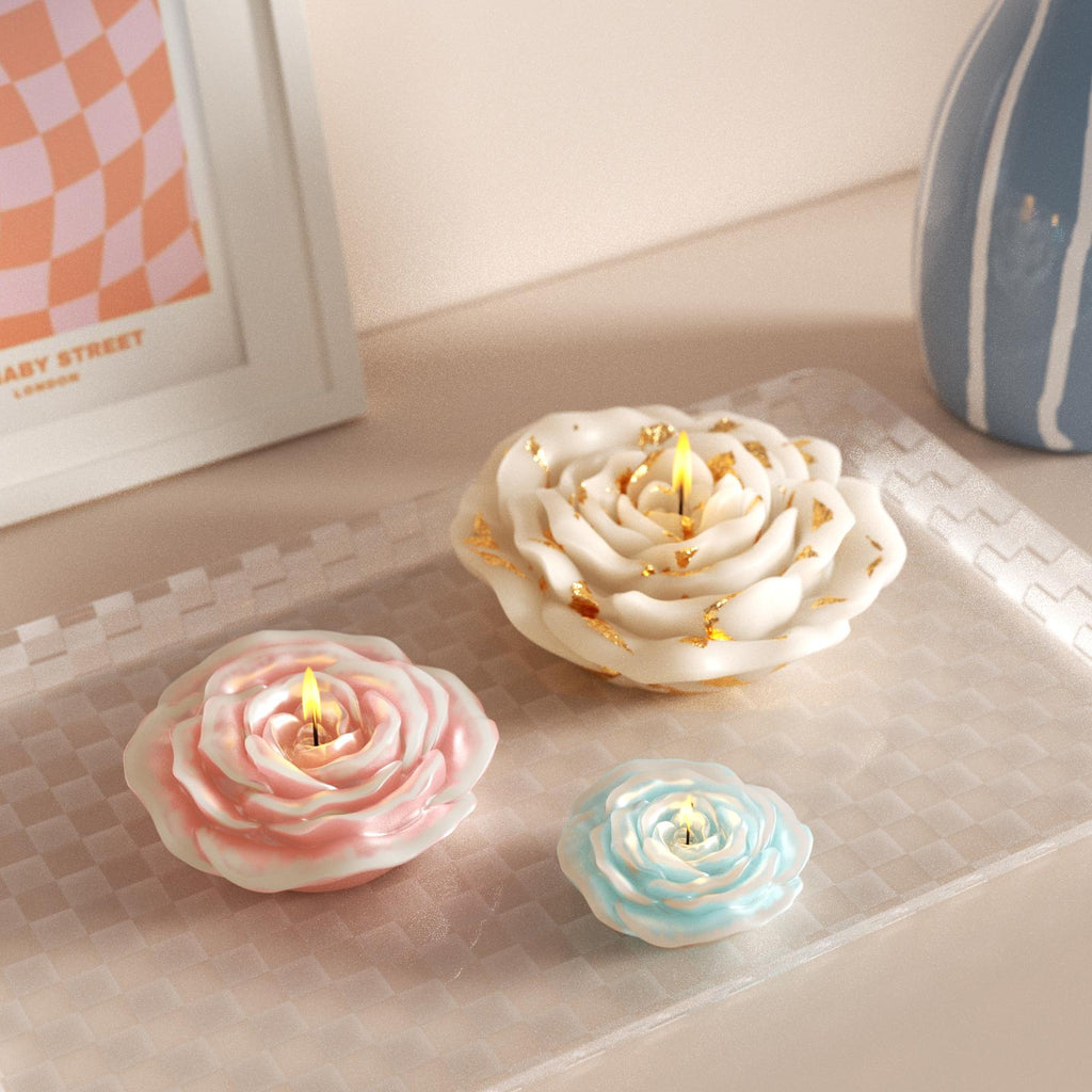 Hand-painted pink and blue gradient rose candles and white candles with gold foil details – elegant, colorful home decor candles for lighting - Boowan Nicole