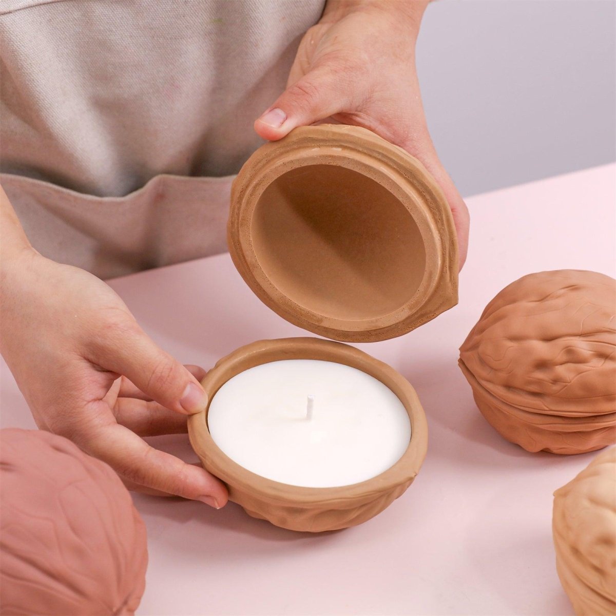 Separate-lid walnut candle jars filled with handmade candle refills — easy to use, refill, and gift - Boowan Nicole