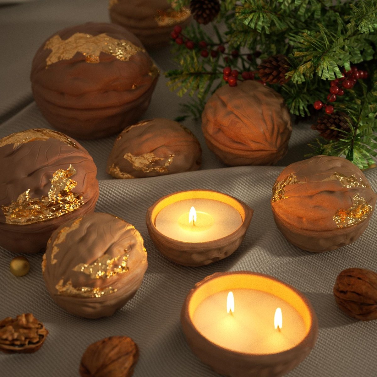 Handcrafted walnut-shaped candle jars with gold foil accents, designed for use when lit — combining natural texture with a festive glow - Boowan Nicole