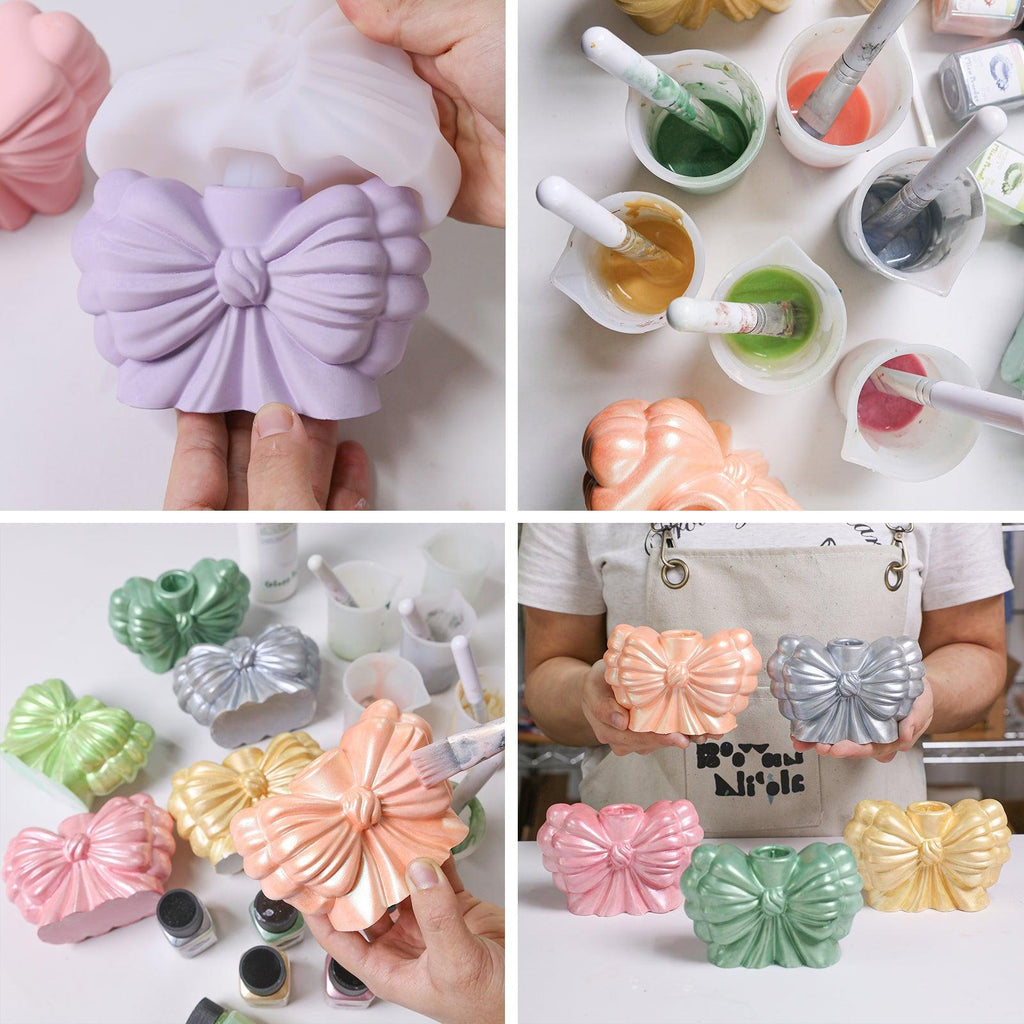 DIY bow-shaped candle holders with silicone molds, pigment mixing, painting, and finished glossy holders – craft process collage - Boowan Nicole