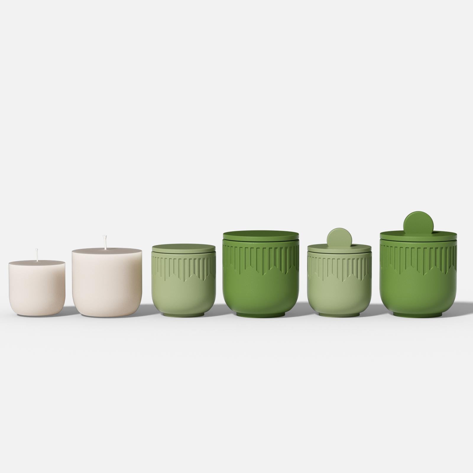 Set of geometric candle jars in beige and green with flat and knob lids, arranged by size - Boowan Nicole