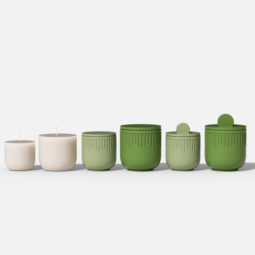 Set of geometric candle jars in beige and green with flat and knob lids, arranged by size - Boowan Nicole