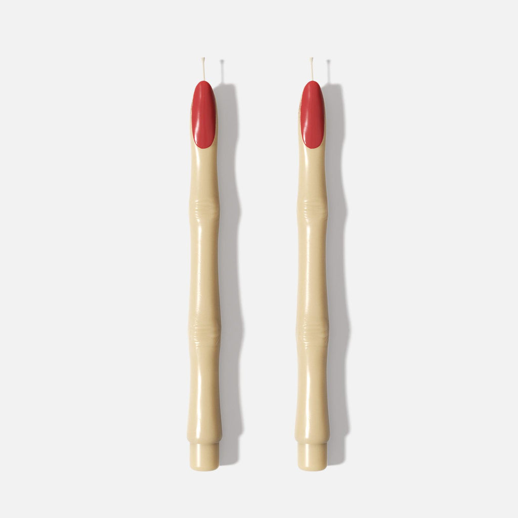 Two tapered candles shaped like witch’s fingers with red nail tips - Boowan Nicole