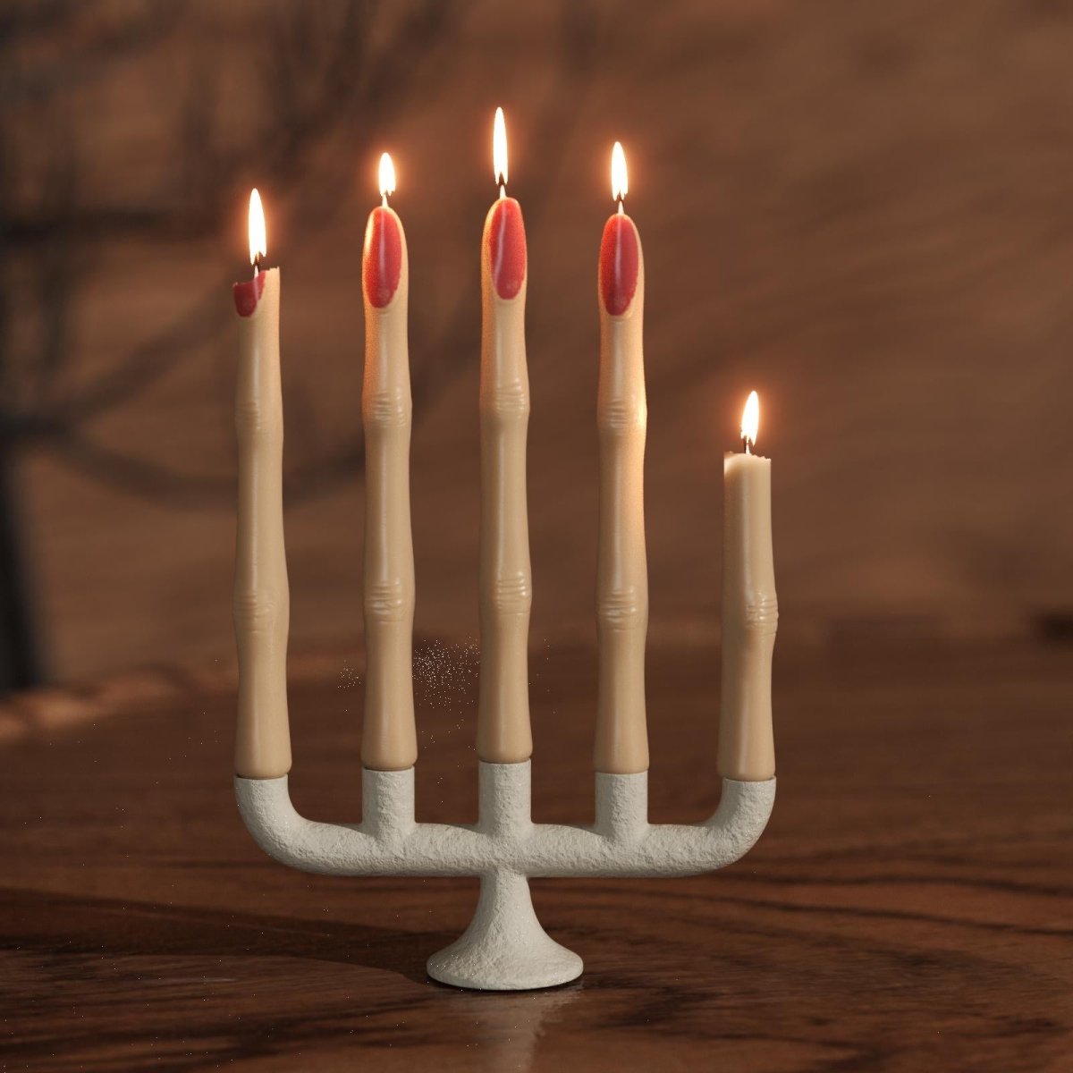 Five lit tapered candles shaped like witch’s fingers with red nail tips, arranged on a white candelabra, creating a spooky Halloween-themed display - Boowan Nicole